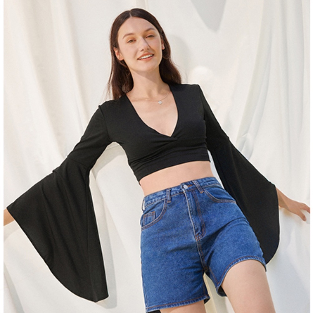 Women's V Neck Long Bell Sleeve Wrap Blouse Top Tee Shirts - Picture 1 of 8